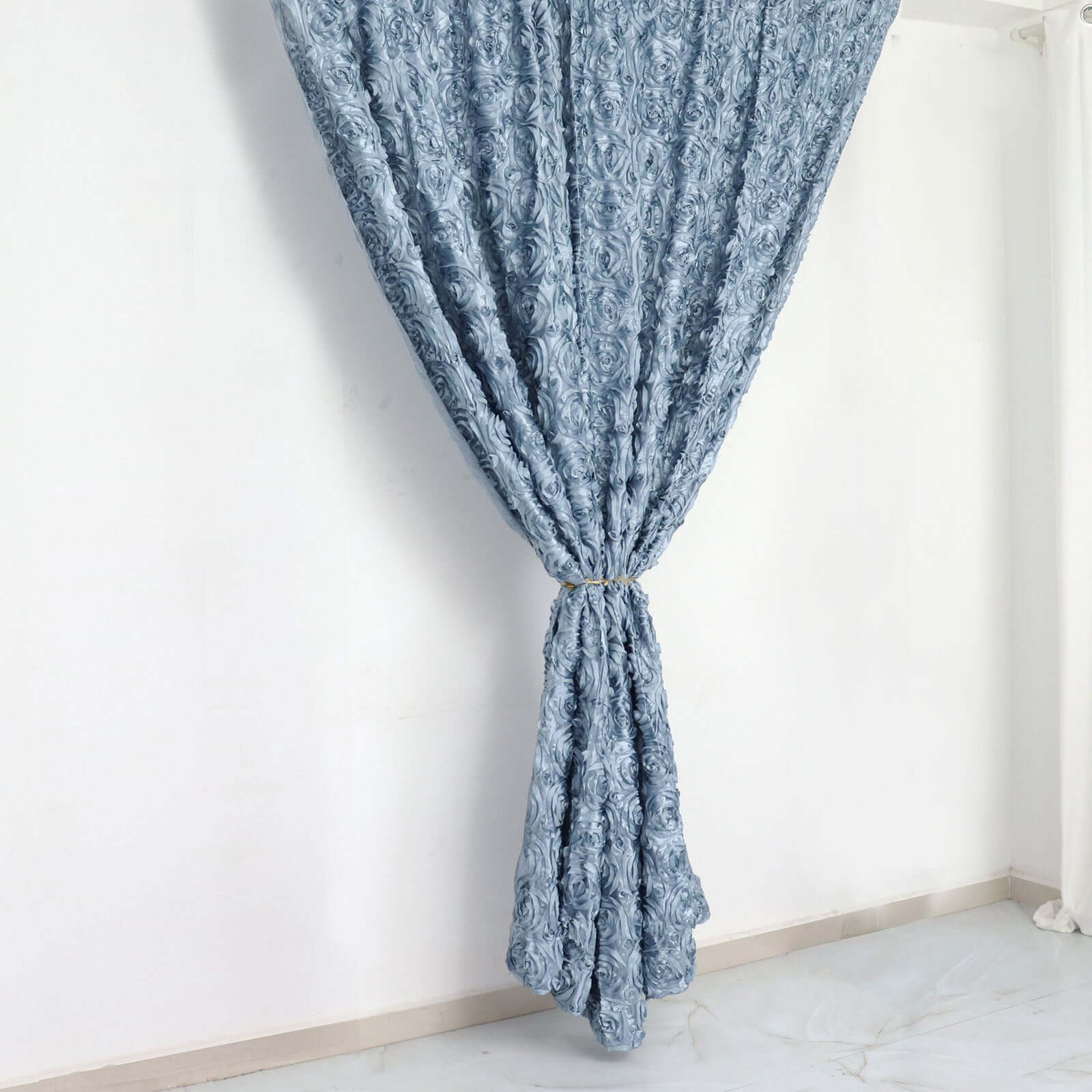 Dusty Blue Satin Rosette Backdrop Drape Curtain, Photo Booth Event Divider Panel - 8ftx8ft