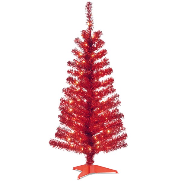 National Tree Company 4 ft. Red Tinsel Tree with Clear Lights