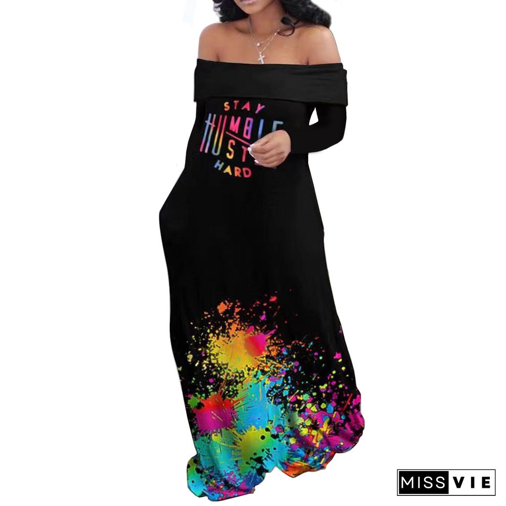 Rainbow Lip Print Off The Shoulder Slash Neck Maxi Dress