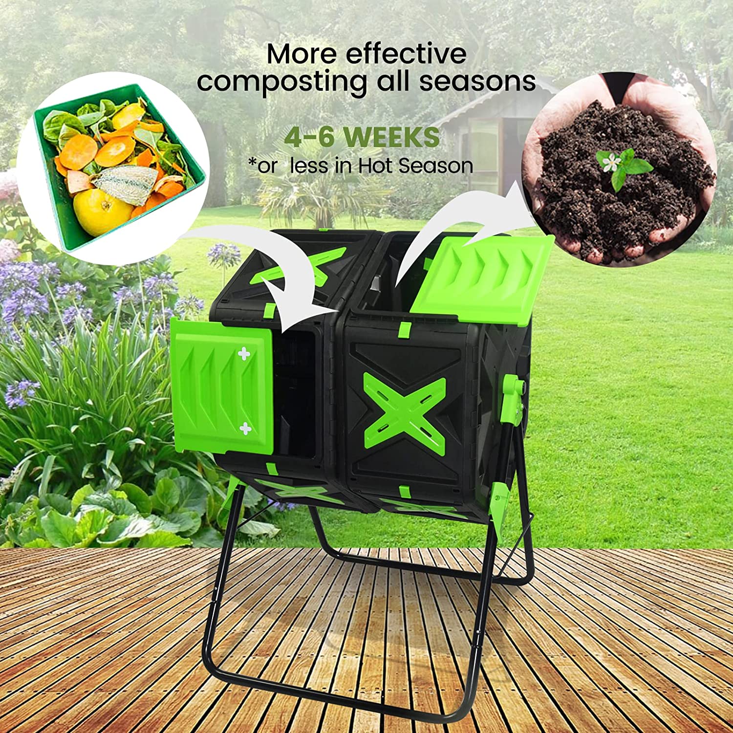 SQUEEZE master Large Dual Chamber Compost Bin Tumbler Outdoor Garden- Easy Rotating- Sturdy Steel Frame-Fast Composting (Green, 2 × 18.5 Gallon)