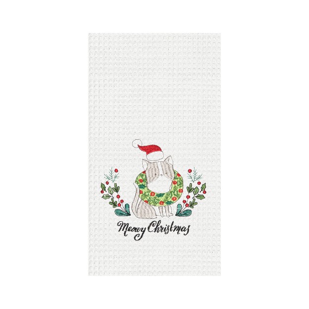 X 18 quot quot meowy Christmas quot Sentiment Featuring Cat In Santa Hat Embroidered amp Waffle Weave Kitchen Dish Towel