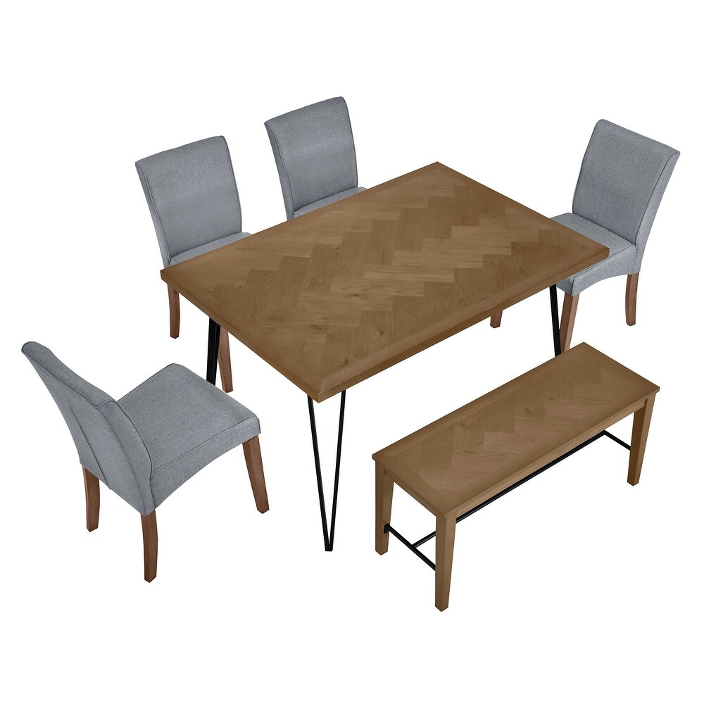 6 Piece Rectangular Dining Table Set w/Upholstered Chairs   Bench