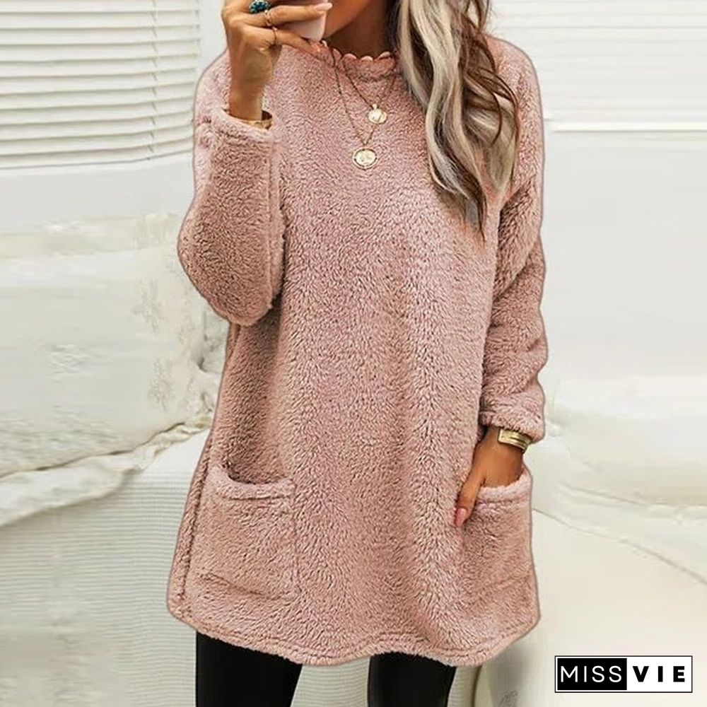 Fall Winter Fashion Fleece Top Women Casual Long Sleeve Loose Homewear Tee Elegant O Neck Warm Solid Color Pullover Blouse