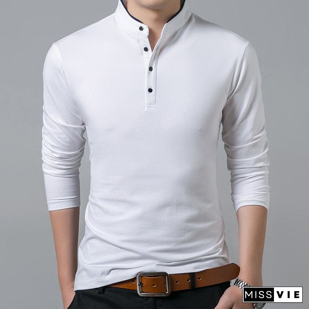 Liseaven T-Shirt Men Cotton T Shirt Full Sleeve tshirt Men Solid Color T-shirts tops&tees Mandarin Collar Long Shirt