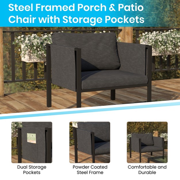 Flash Furniture Lea Indoor outdoor Patio Chair With Cushions Modern Steel Framed Chair With Storage Pockets