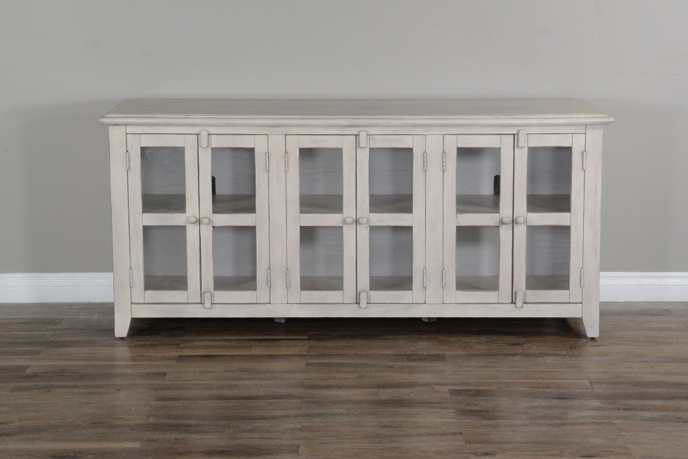 70 quotDistressed White TV Stand Media Console Glass Doors Storage Cabinet   Farmhouse   Entertainment Centers And Tv Stands   by Sideboards and Things  Houzz