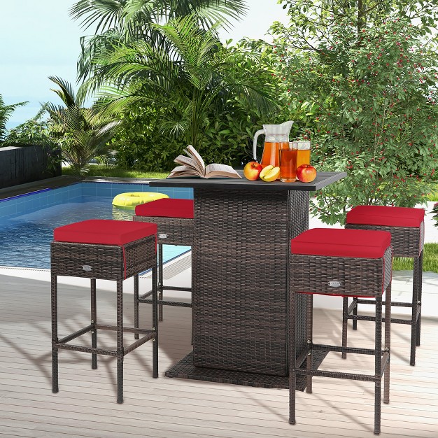 Tangkula Tangkula 5pcs Patio Bar Set Rattan Bar Furniture Set W Table amp 4 Cushioned Stools Red