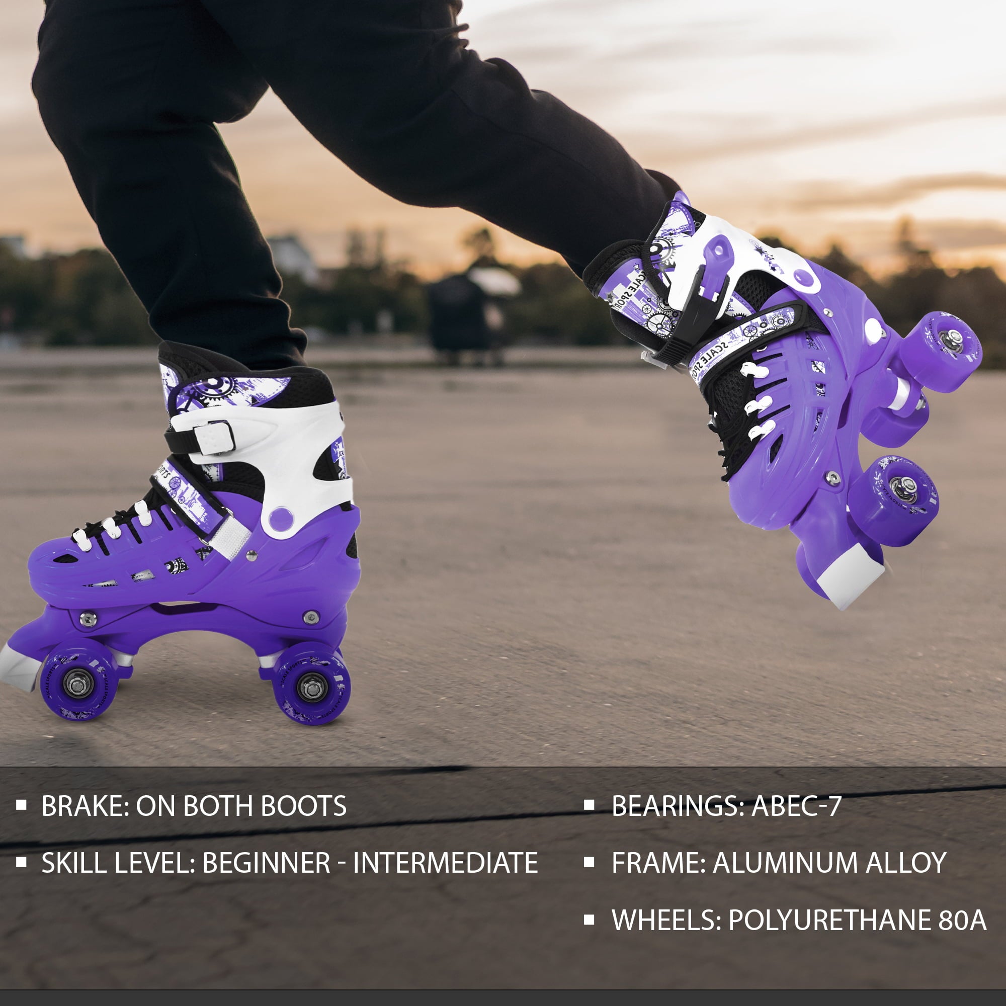 Adjustable Purple Quad Roller Skates For Kids Large Sizes