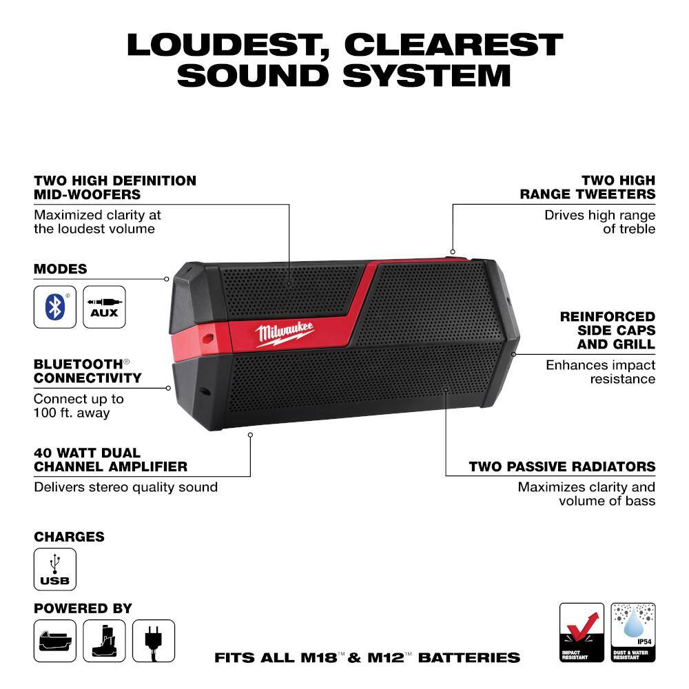 Milwaukee 2891-20 M18/M12 Lithium-Ion Cordless Wireless Jobsite Speaker