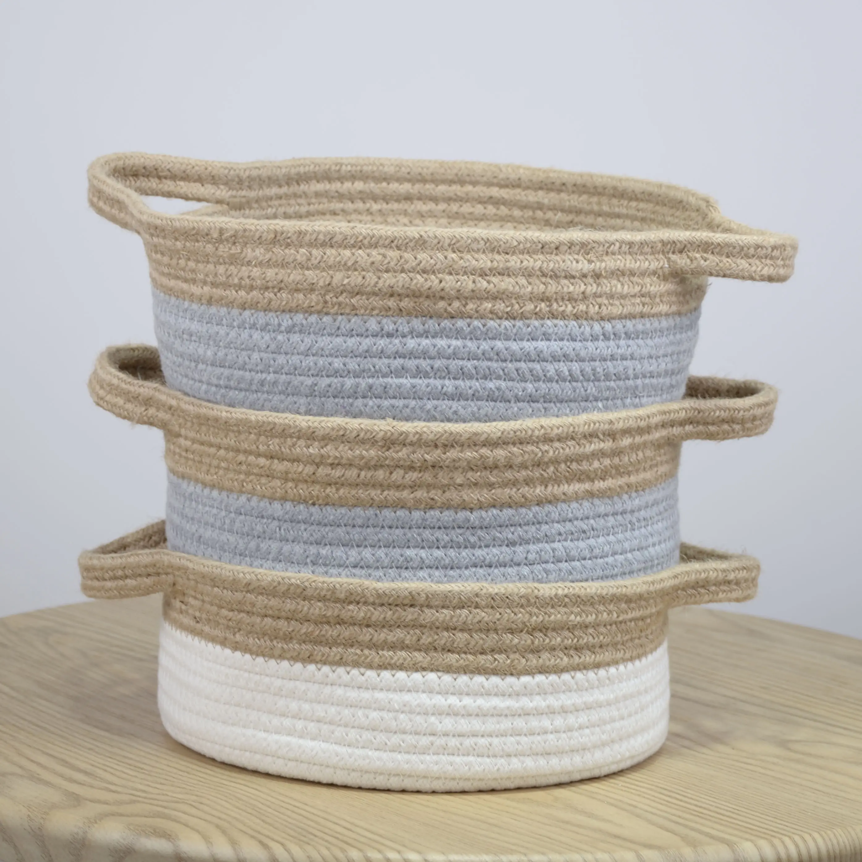 Double woven decorative stylish foldable woven desktop cotton rope storage basket with handles