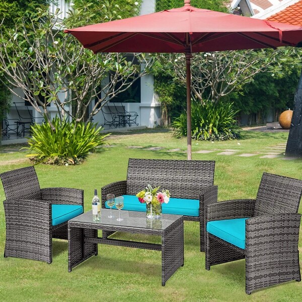 Gymax 4PCS Patio Outdoor Rattan Conversation Furniture Set w/