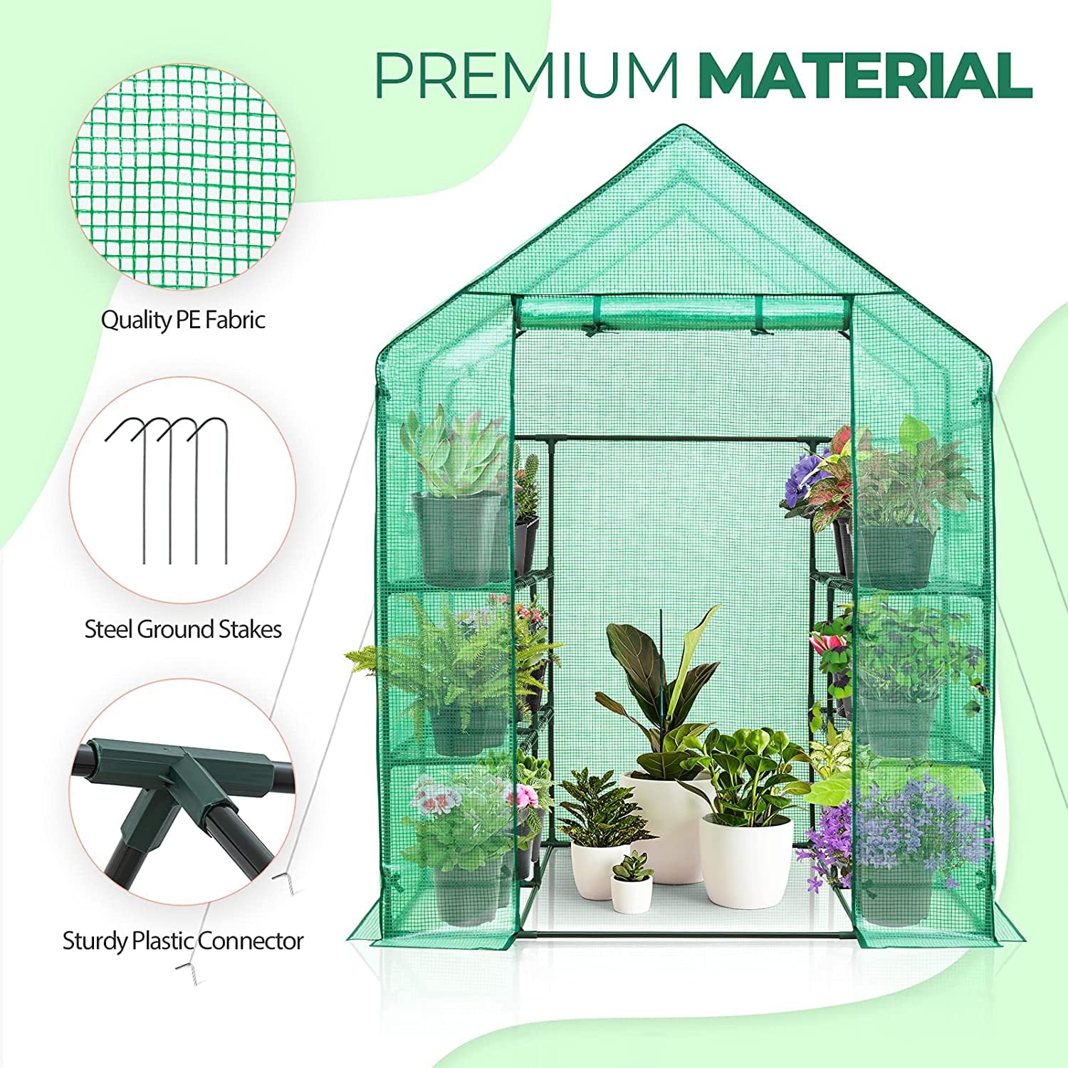 EAGLE PEAK Walk-in Greenhouse 2 Tiers 8 Shelves with Roll-up Zipper Door and 2 Side Mesh Windows, Outdoor Indoor Portable Gardening Plant House 56'' x 56'' x 77'' , Green