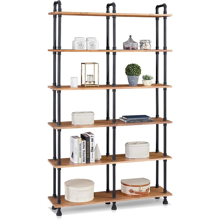 Ivinta Industrial Bookshelf Metal Bookcase  Display Storage Shelf Plant Shelf Vintage Wooden Shelves