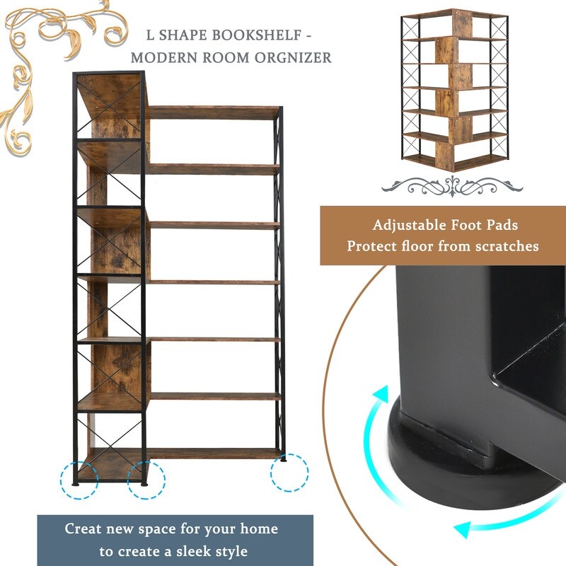 L Shaped 7 Tier Corner Bookshelf and Bookcase