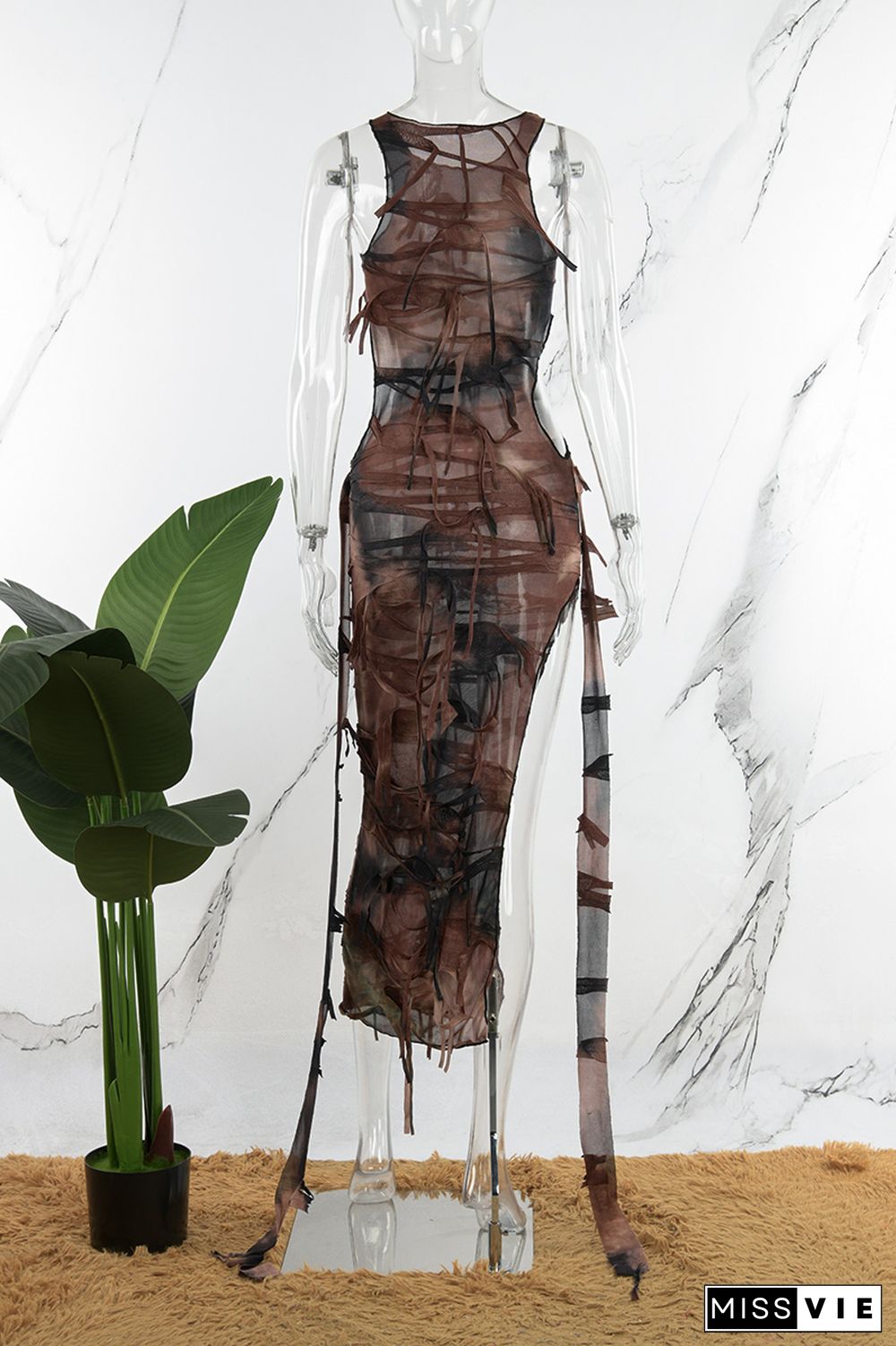 Brown Casual Print Tie Dye Hollowed Out Slit O Neck Sleeveless Dress Dresses