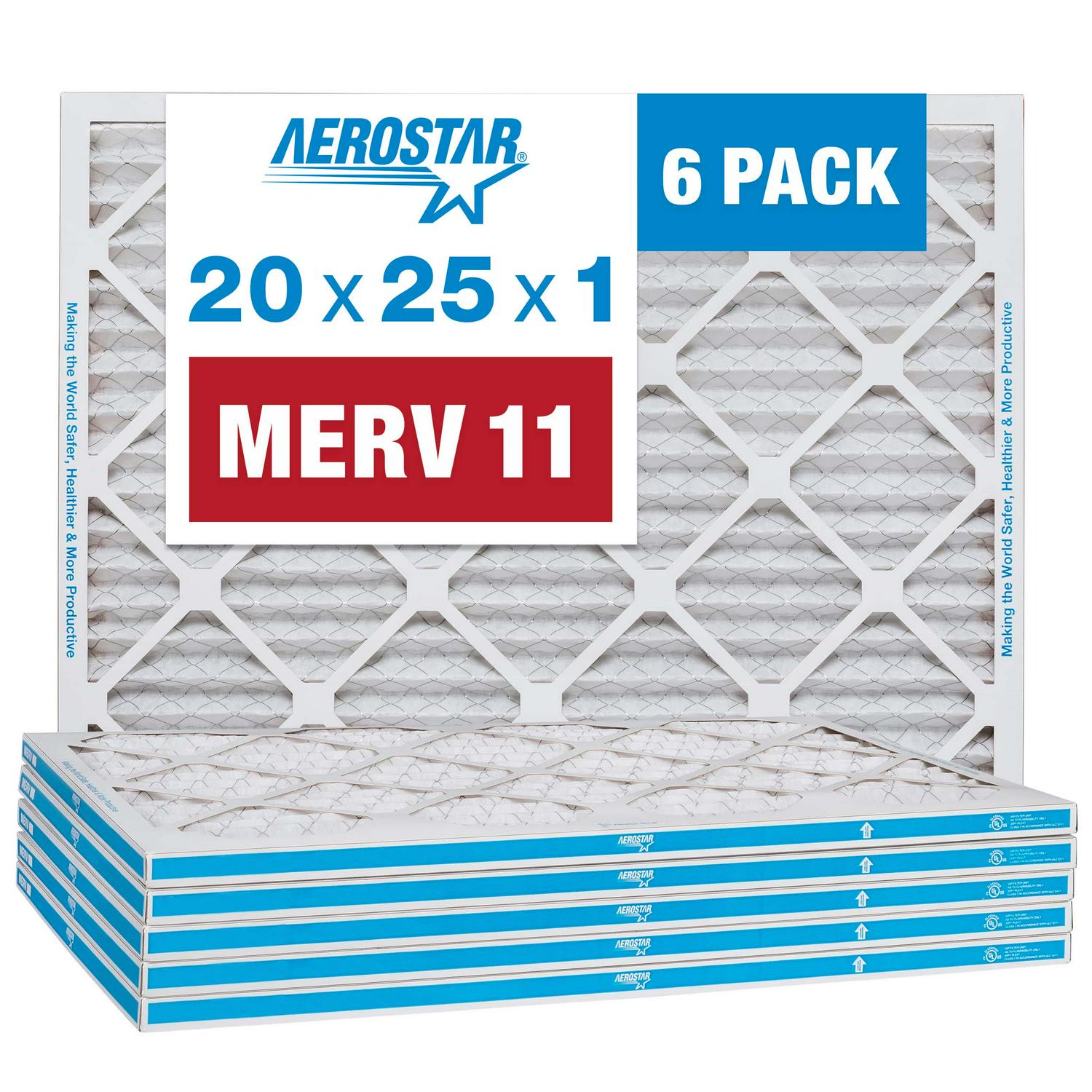 Aerostar 20x25x1 MERV 11 Pleated Air Filter， AC Furnace Air Filter， 6 Pack