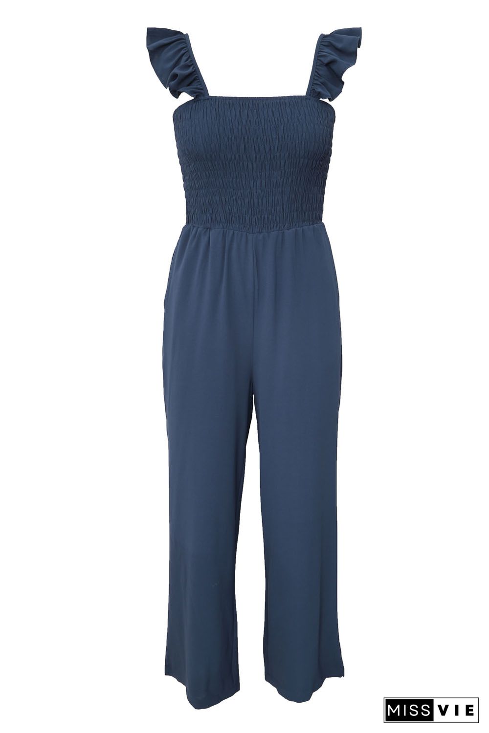 Blue Flutter Sleeve Smocked Wide Leg Jumpsuit