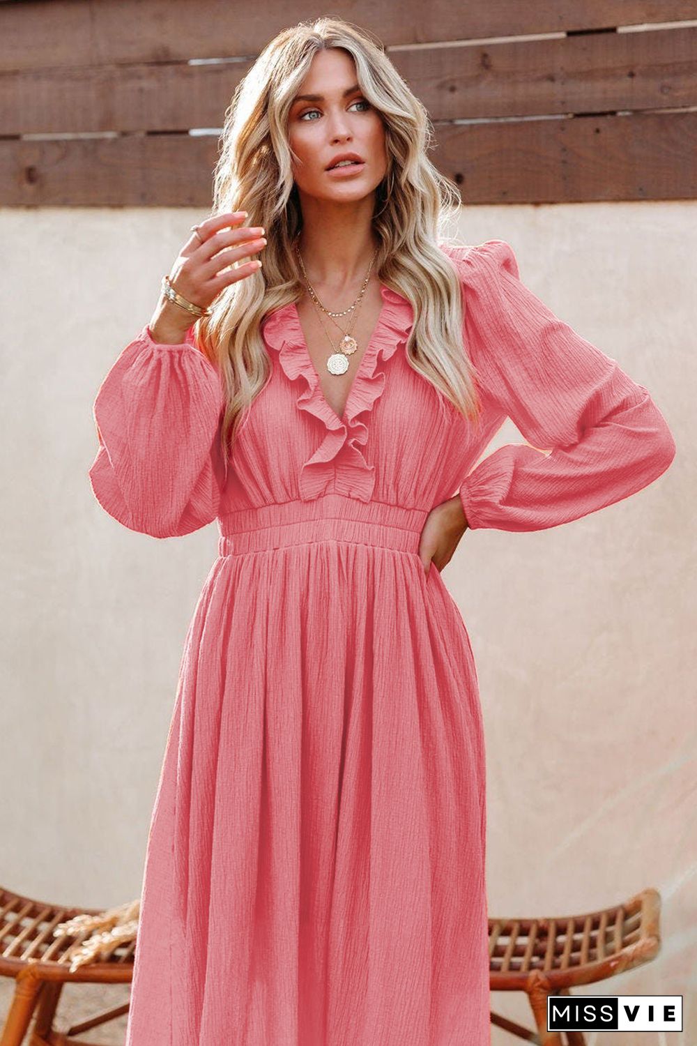 Ruffled V Neck Empire Waist Maxi Dress