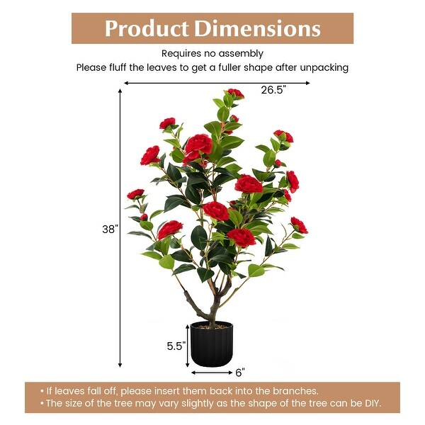 38 Inch Artificial Camellia Tree Faux Flower Plant in Cement Pot