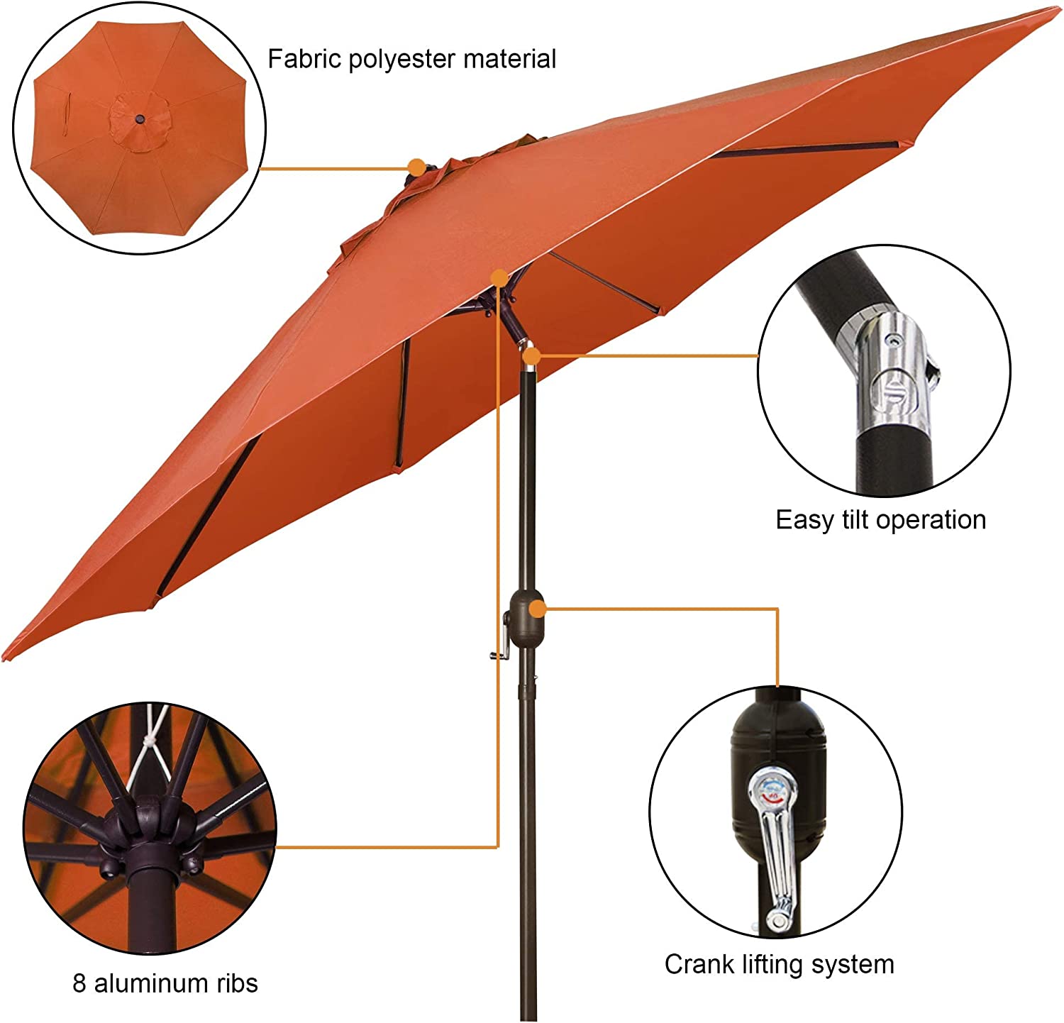 9' Outdoor Market Patio Umbrella with Push Button Tilt and Crank, 8 Ribs (Tan)