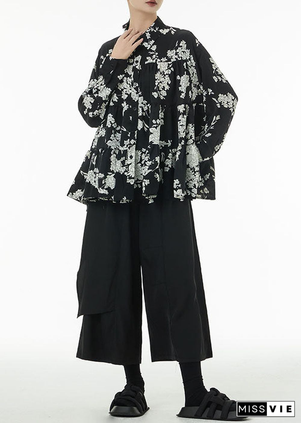 Black Print Patchwork Cotton Blouses Tops Oversized Wrinkled Spring