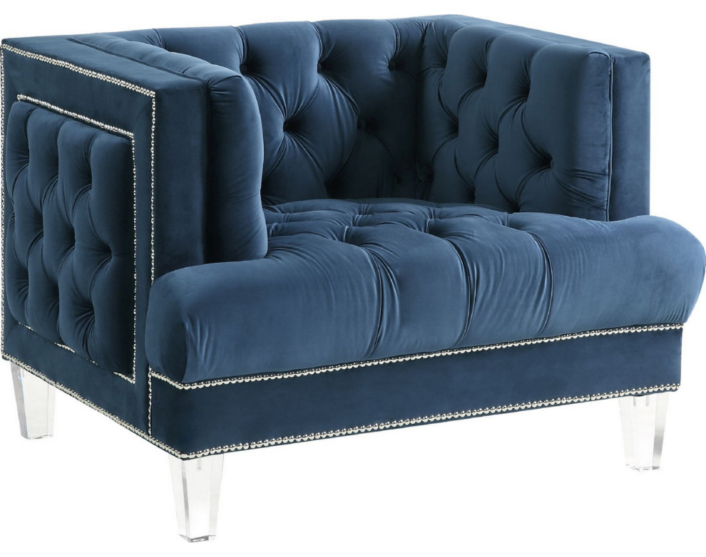 Benzara BM250213 Velvet Upholstered Chair  Tufted Details and Acrylic Legs  Blue   Contemporary   Armchairs And Accent Chairs   by Uber Bazaar  Houzz