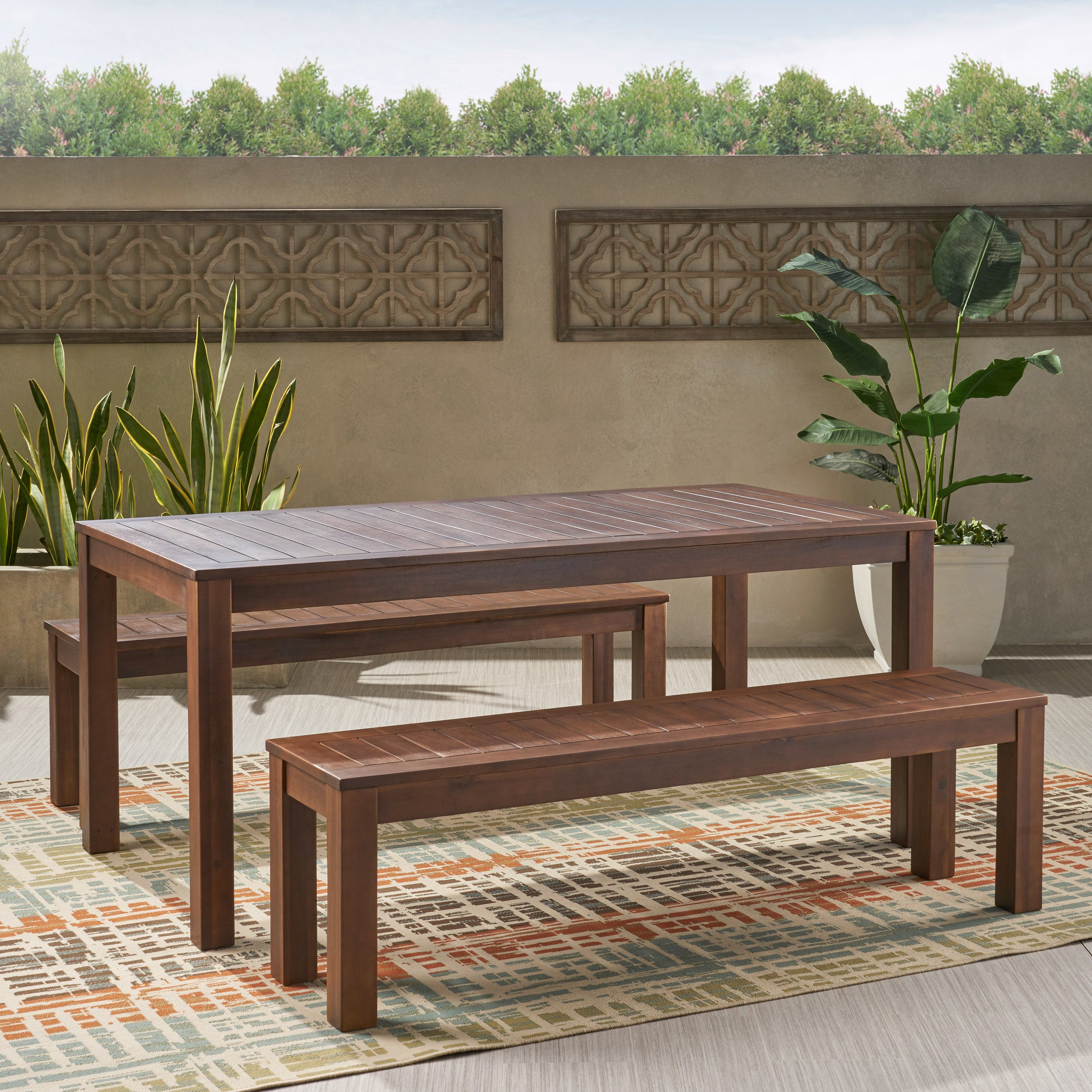 Marin Rustic Outdoor Slat Dark Brown Acacia Wood Picnic Set