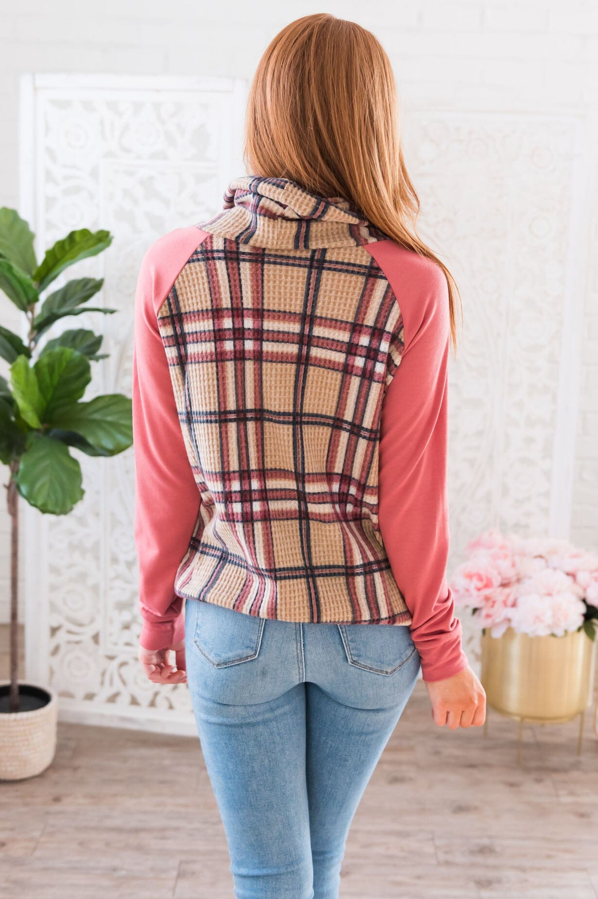 Plaid About You Modest Cowl Neck Top