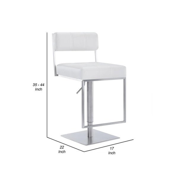 35 Inch Metal and Leatherette Barstool， Silver and White - 35 H x 17 W x 22 L Inches