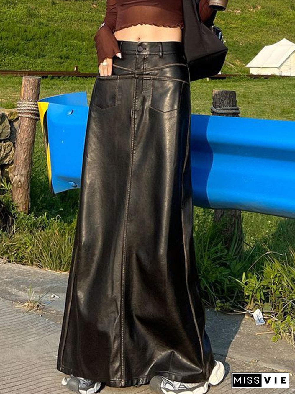 Vintage Leather Multi Pocket Maxi Skirt