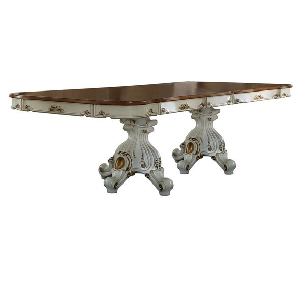 Wooden Top Dining Table with Double Pedestal Feet， Antique Pearl and Cherry Oak