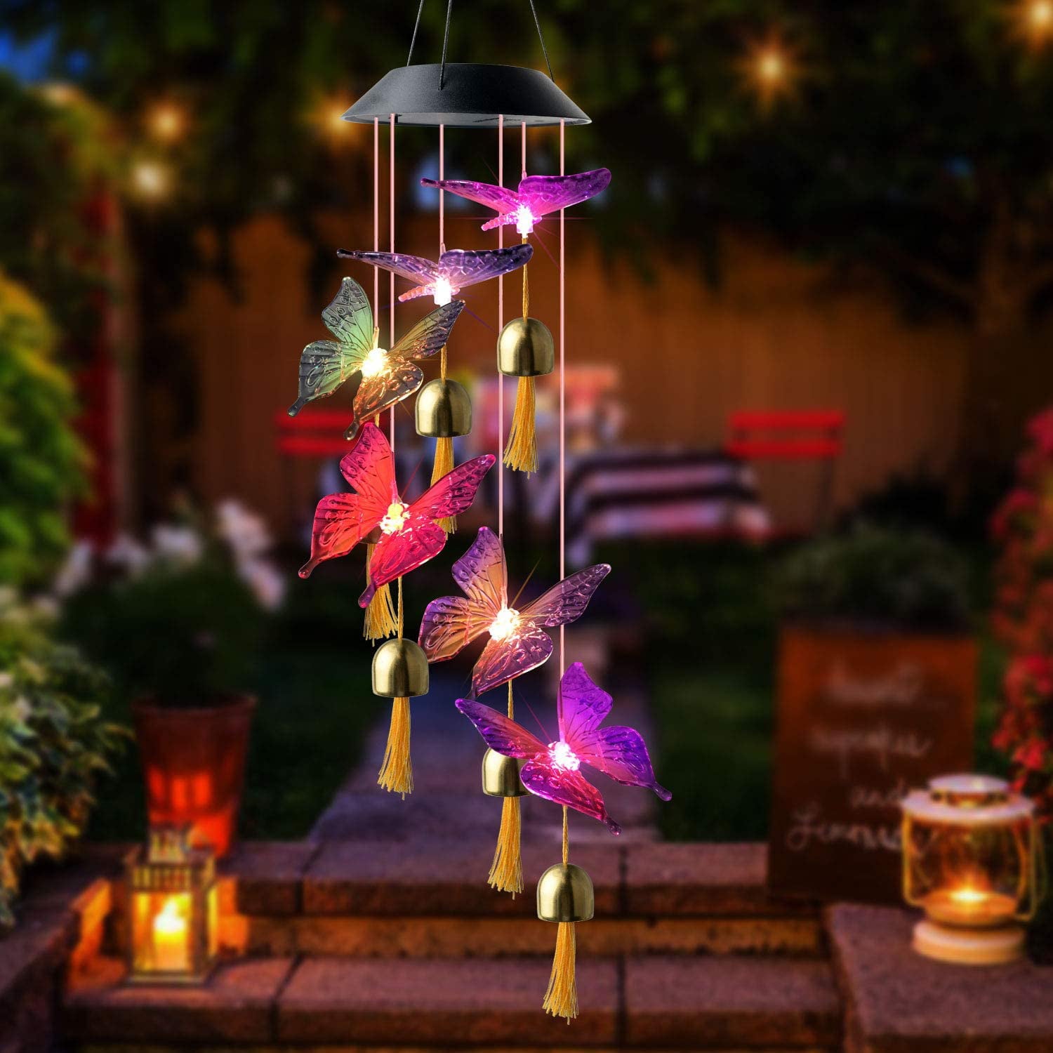 Solar Wind Chimes，Kyoryuger Solar Butterflies hanging Wind Chimes， Changing Color Solar Powered Butterfly LED Light，for Outdoor Indoor decor(Purple Wing）