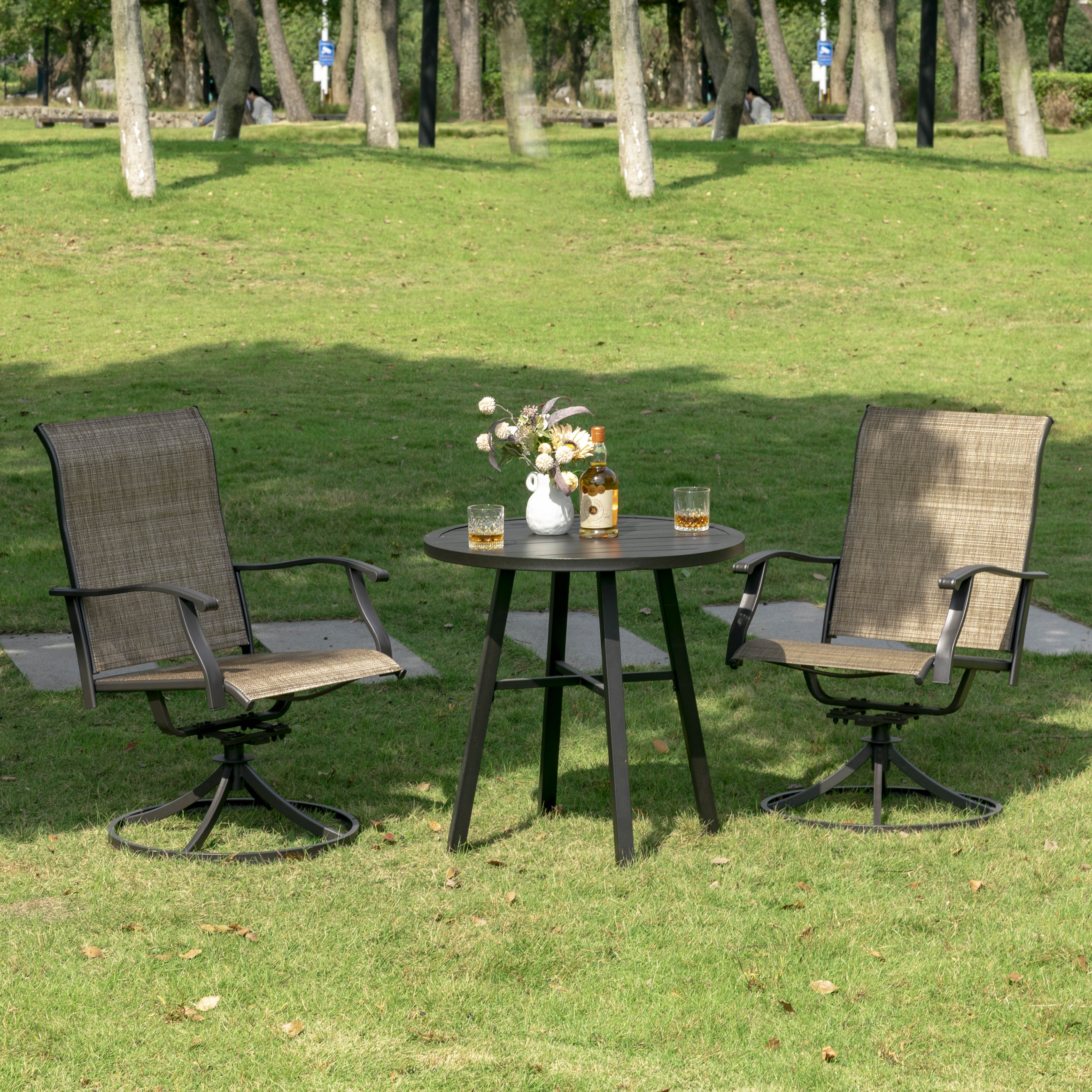 Nuu Garden 3 Piece Patio Bistro Set, Textilene Swivel Patio Chairs and Iron Table All-Weather Outdoor Furniture Set for Lawn, Backyard, Balcony, Black and Brown