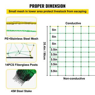 VEVOR Electric Fence Netting 35.4 in. H x 164 ft. L PE Net Fencing with 14 Posts Utility Portable Mesh for Farms Green KTDDZWLWB90CM0UR5V0