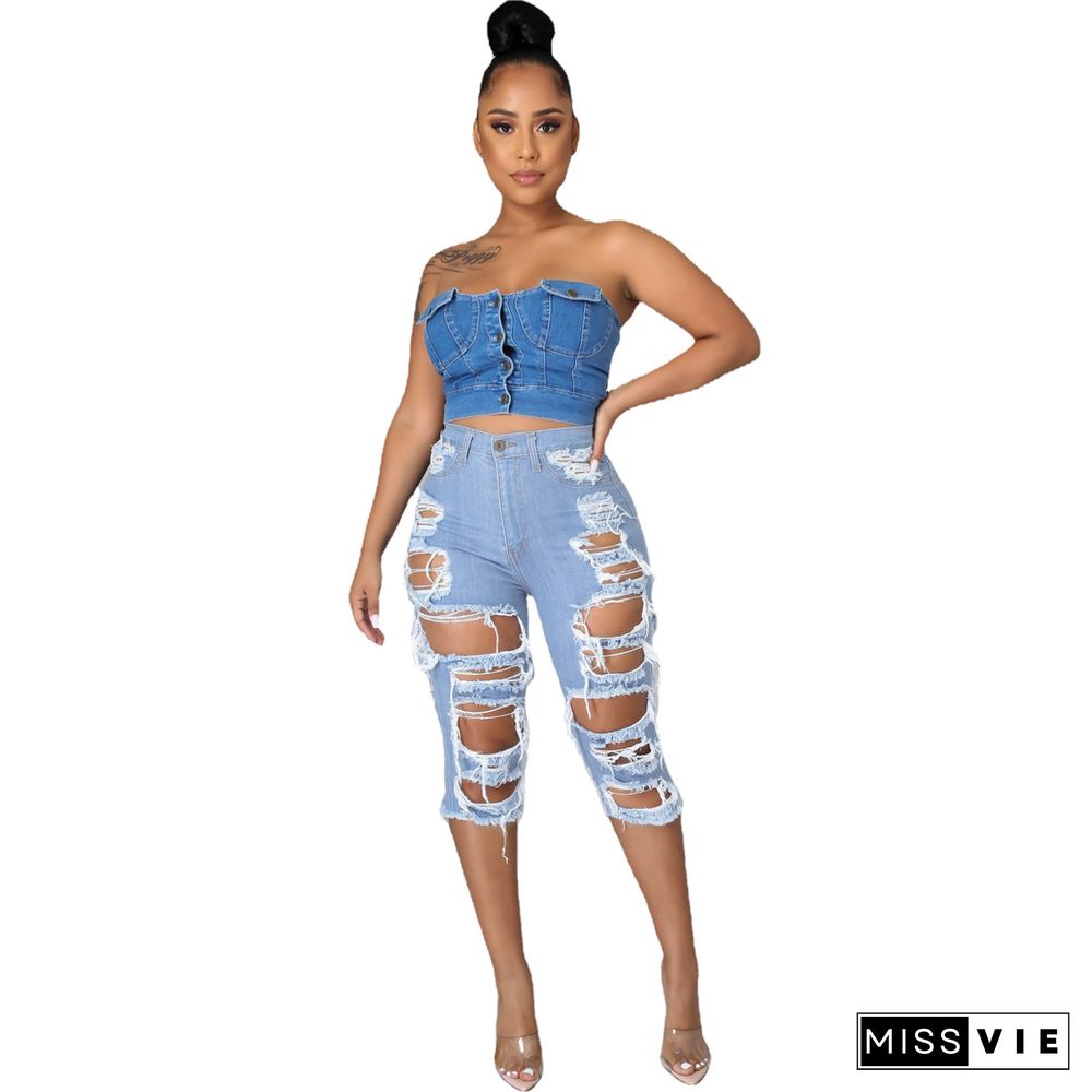 Women Sexy Streetwear Solid Color Skinny Stretch Ripped Hole High Waist Knee Length Pencil Jeans