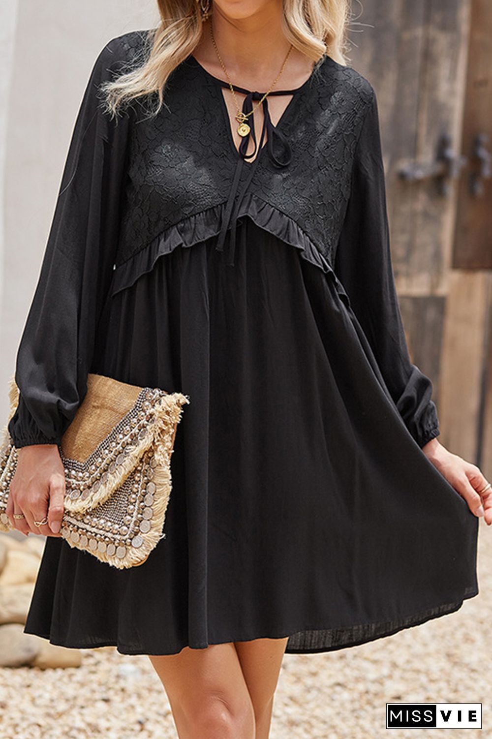 A-line V-neck Long Sleeve Dress Women Wholesale