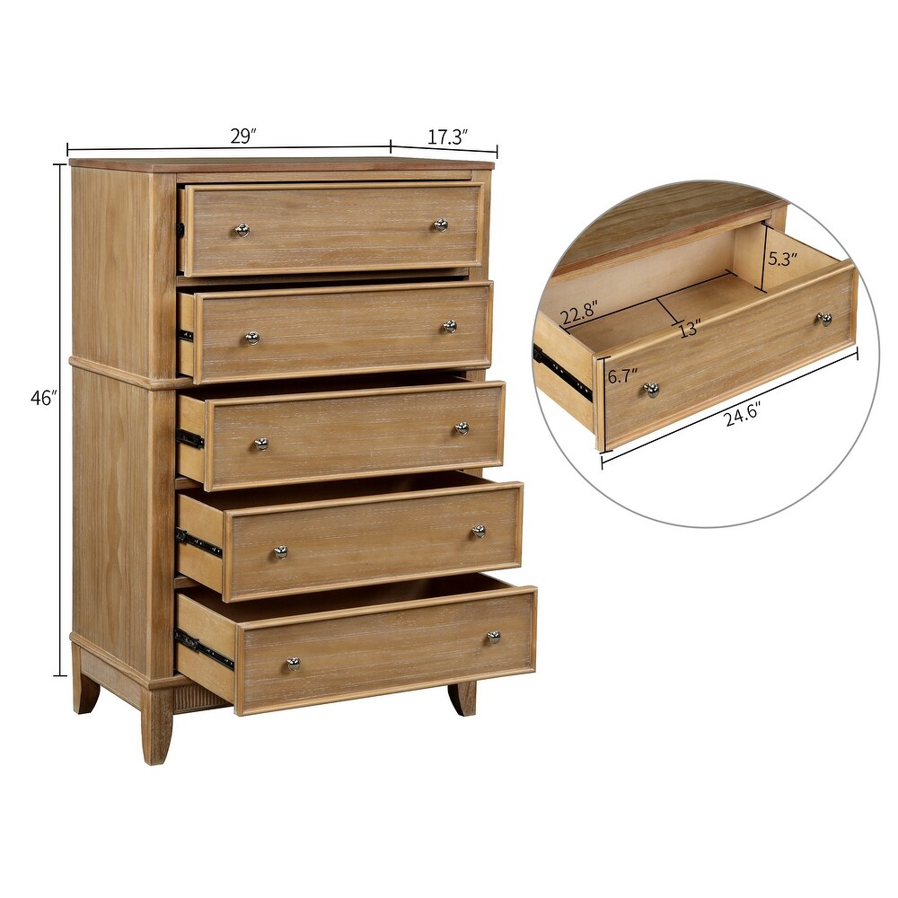 Chic Hazel Bedroom 5 Drawers Chest with Natural Finish Solid Pine Wood