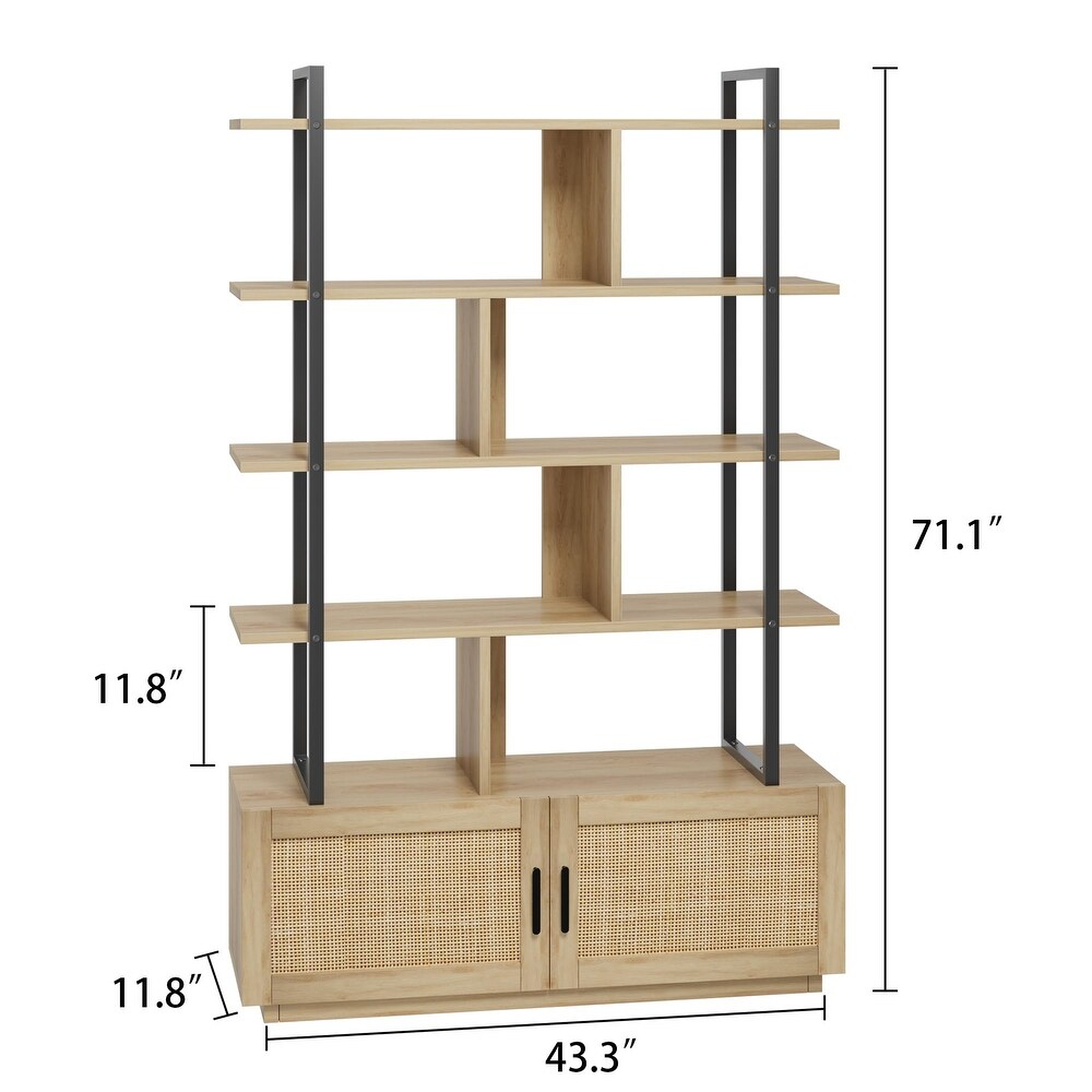 Ail 5 Tier Rattan Bookshelf with Storage Cabinet and door   43.3\