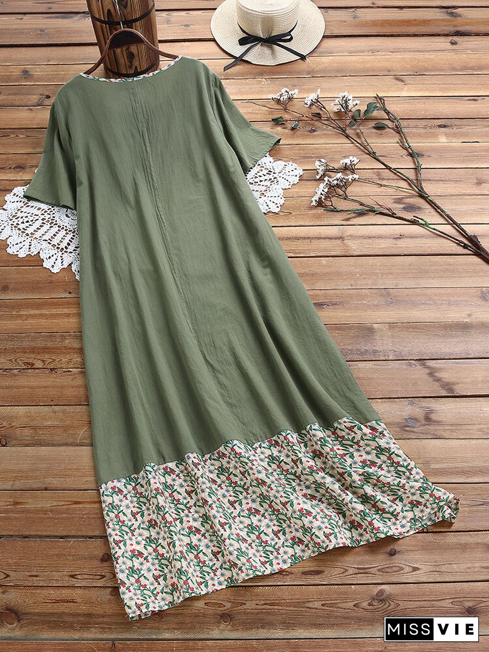 Floral Printed Patchwork Vintage Crew Neck Short Sleeve Maxi Dress