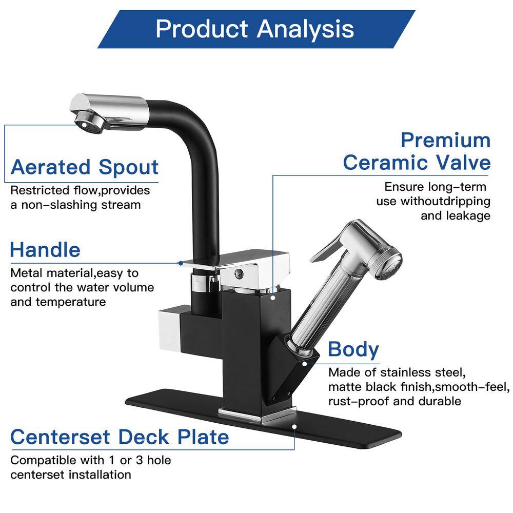 BWE Double-Handle Pull-Out Sprayer 2 Spray Low Arc Kitchen Faucet With Deck Plate in Matte Black  Polished Chrome A-96029-D