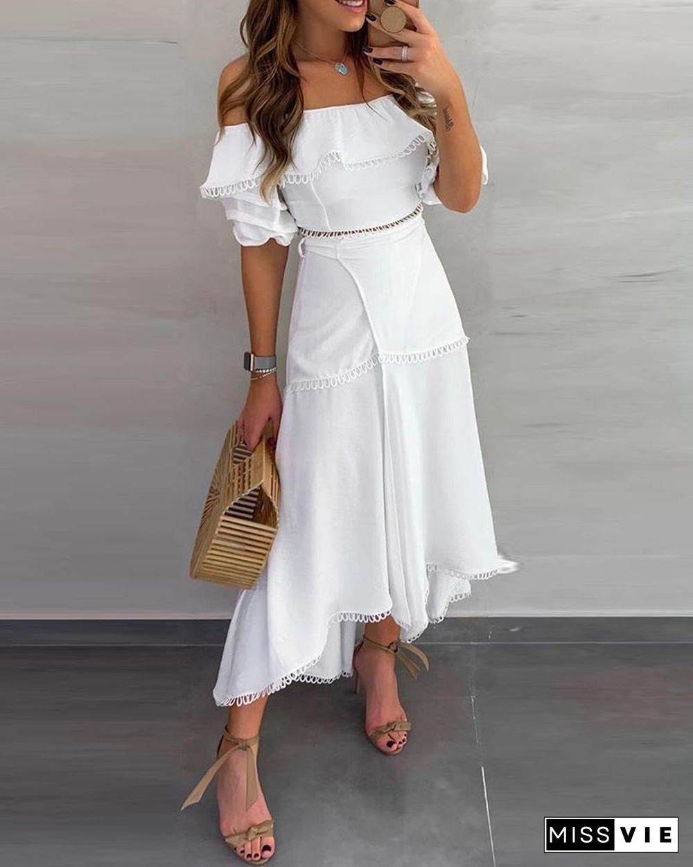 Off Shoulder Scallop Trim Top & Slit Skirt Set