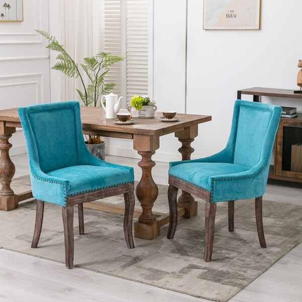 Set of 2 Dining Chair， Thickened fabric chairs with neutrally toned solid wood legs， Bronze nail head for Dining Room