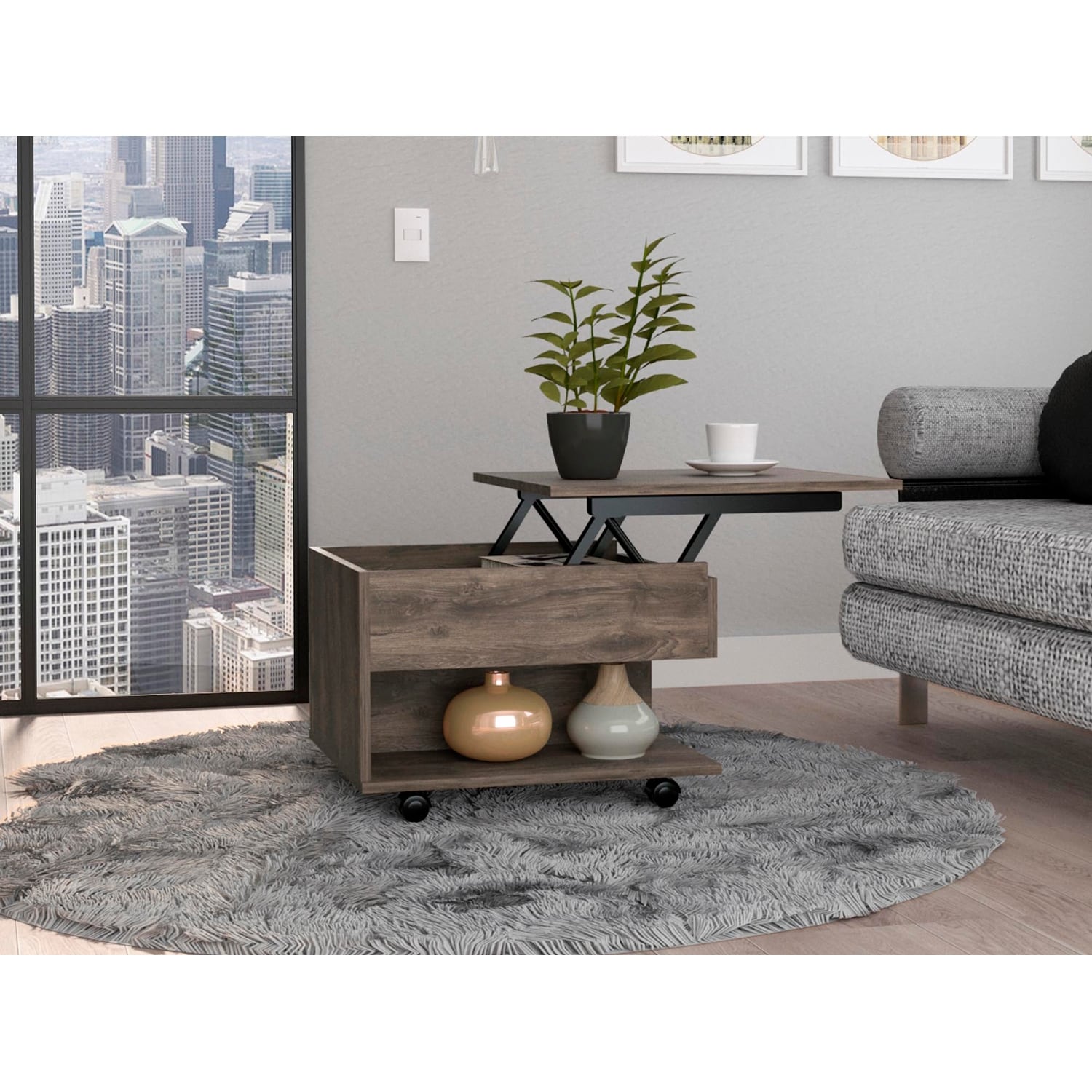 Lift Top Coffee Table with 1 Drawer，1 Shelf and 4 Wheels