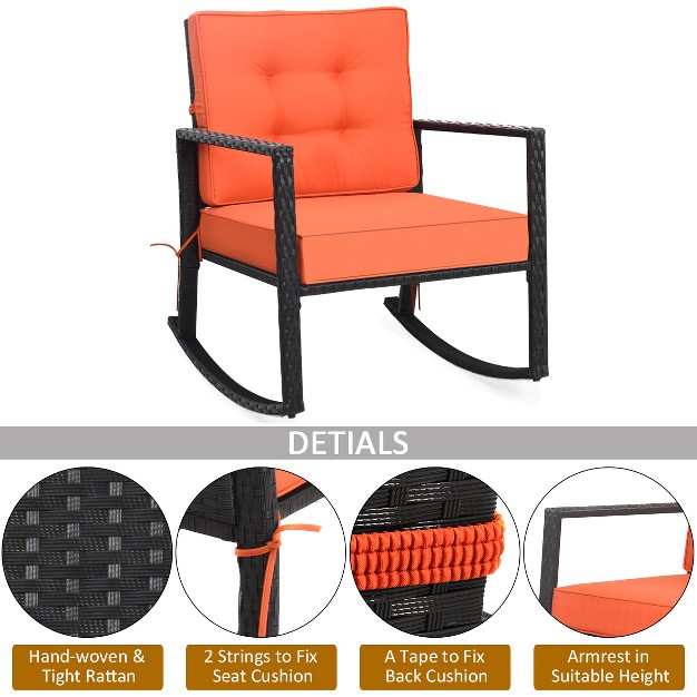 Costway Patio Rattan Rocker Chair Outdoor Glider Wicker Rocking Chair Cushion Lawn Deck