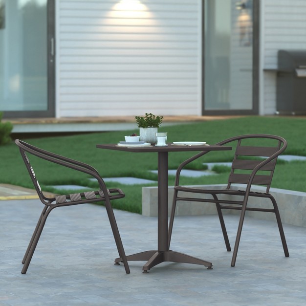 Emma And Oliver 23 5 x27 x27 Square Aluminum Indoor outdoor Table Set With 2 Slat Back Chairs