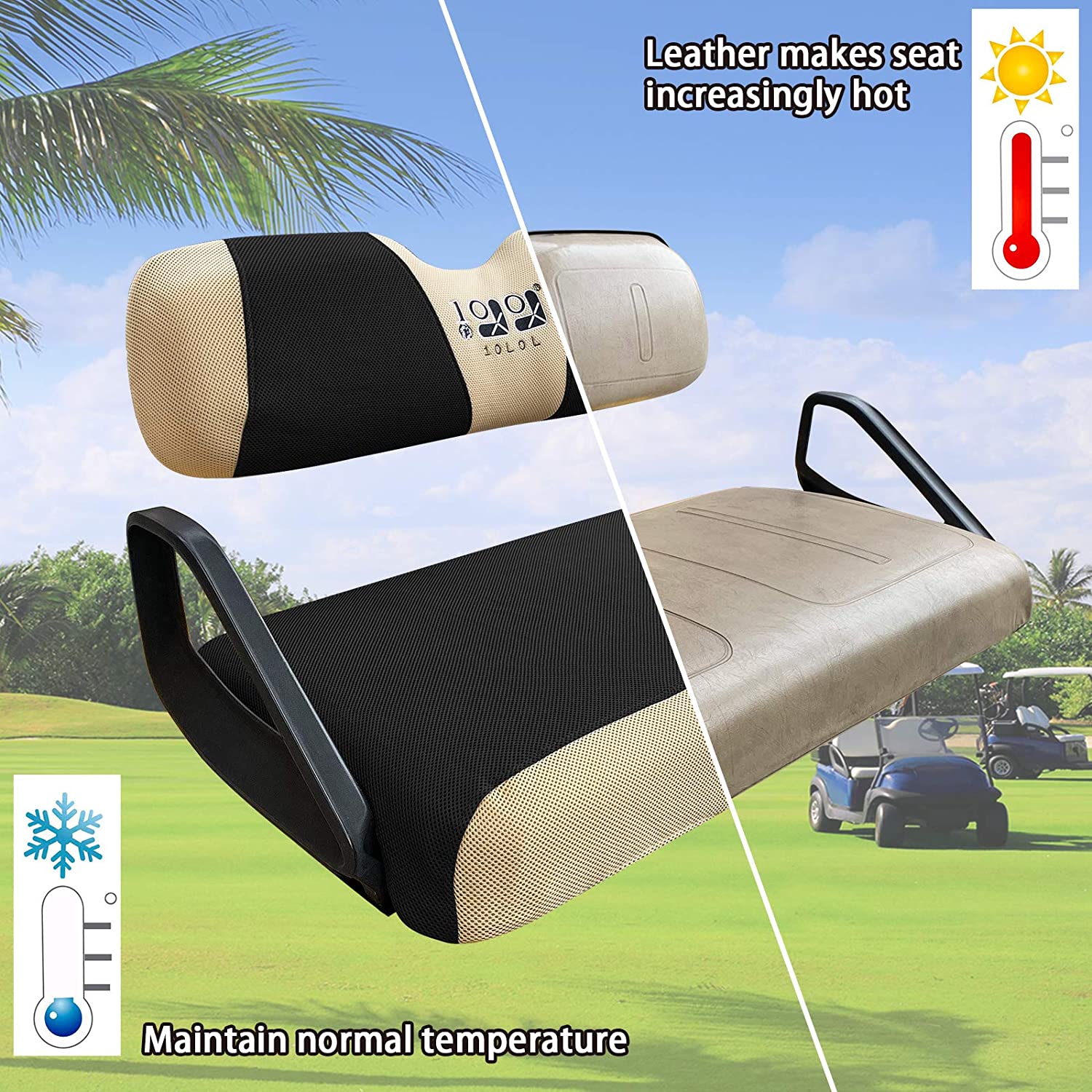 10L0L Golf Cart Seat Cover for EZGO TXT RXV andClub Car DS，Washable Mesh Bench Seat Cover-Black Beige