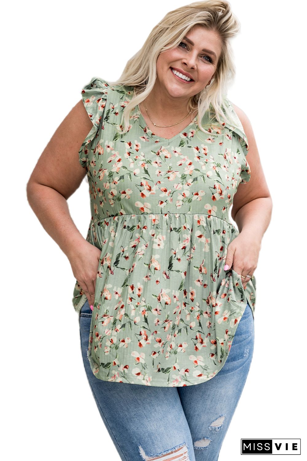 Green Floral Flutter Shoulder Plus Size Tank Top