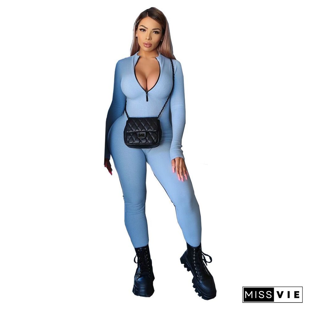 Solid Long Sleeve Zipper Sportswear Skinny Jumpsuit