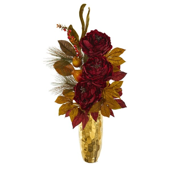 30 Peony，Pear and Magnolia Leaf Artificial Arrangement in Gold Vase