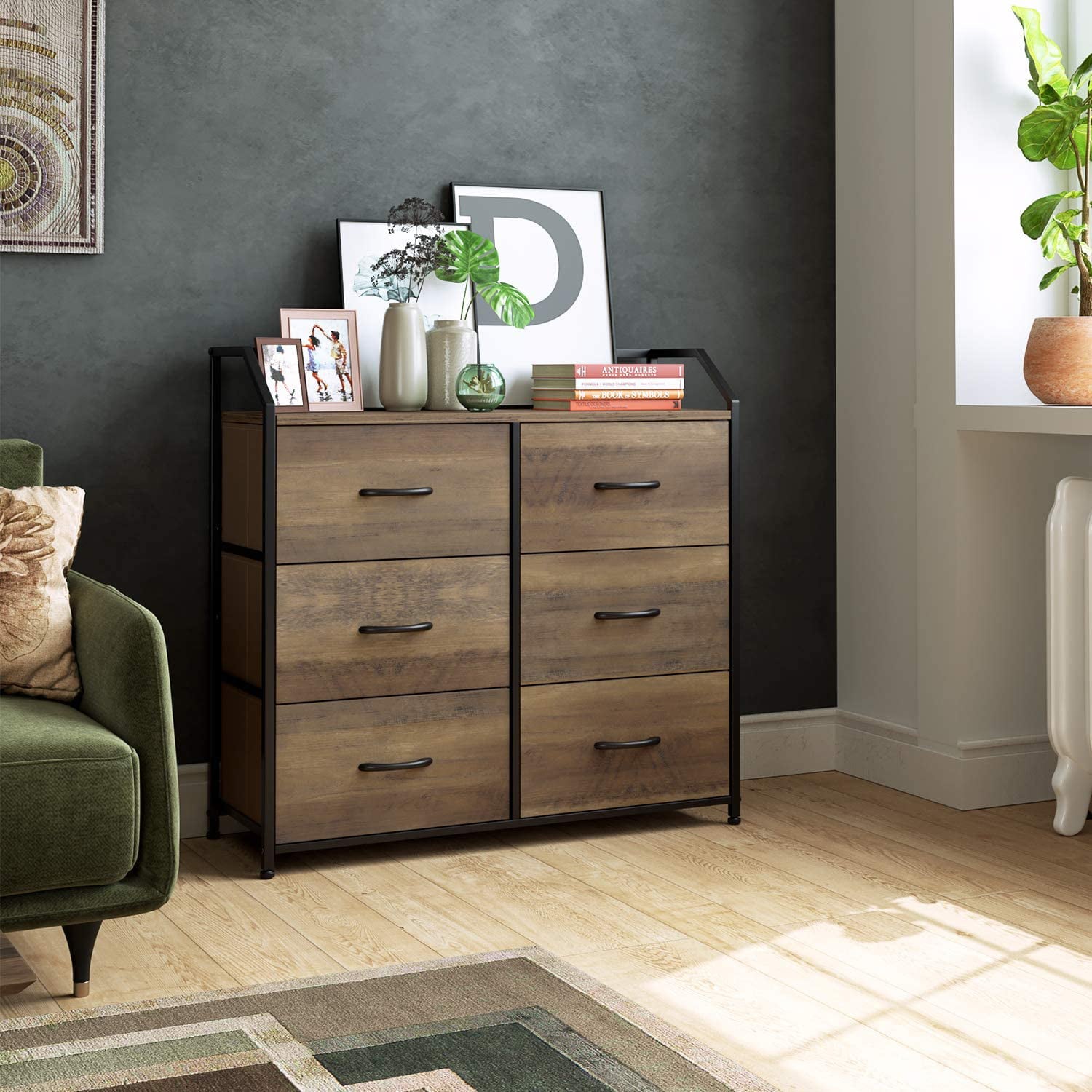 Homfa 6 Fabric Drawers Dresser, Lightweight Storage Cabinet with Handles, Easy to Assemble, Rustic Brown Finish